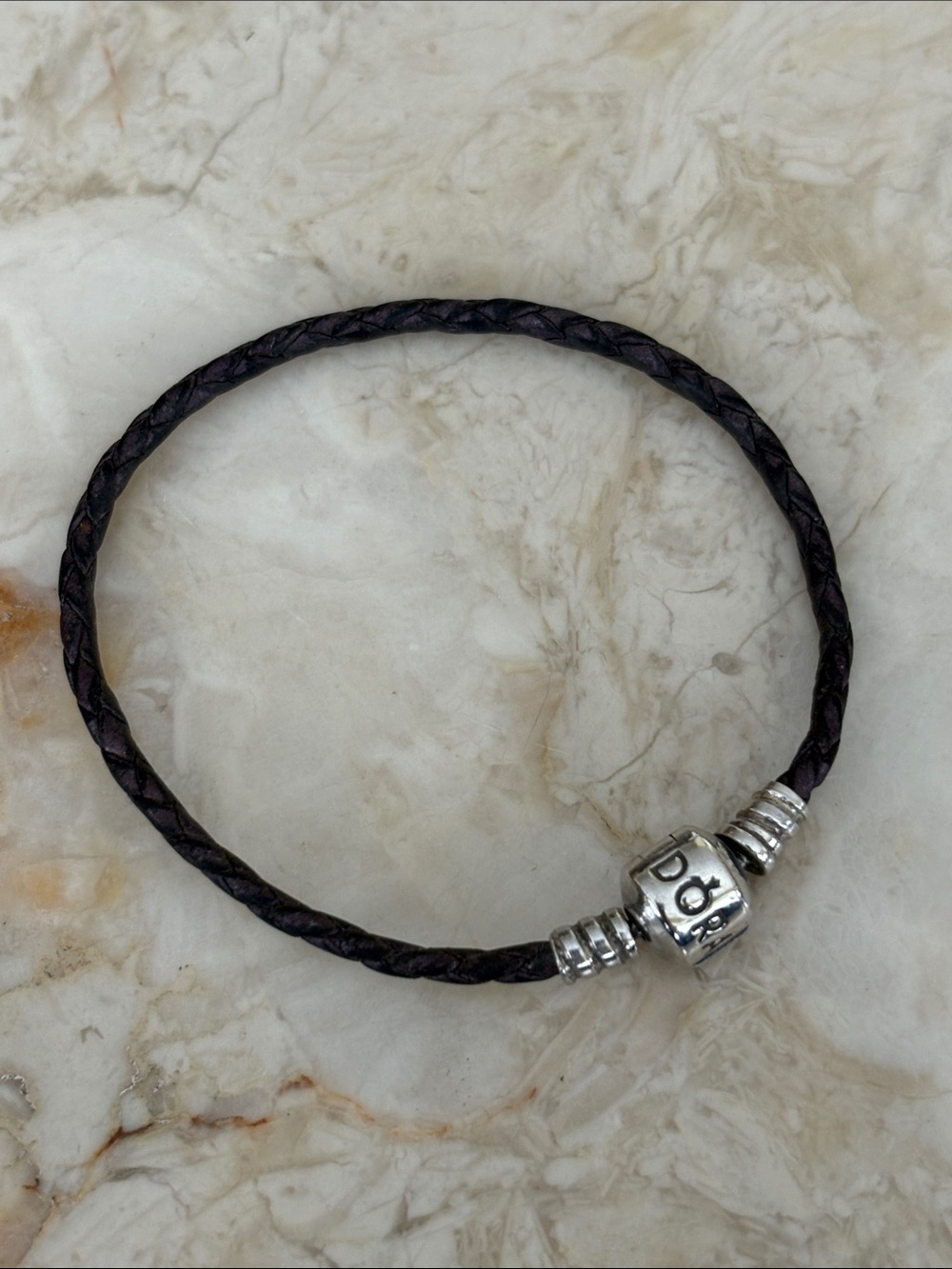 Pandora Moments Braided Leather Sterling Silver Barrel Clasp Charm Bracelet